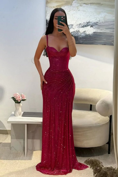 Gorgeous Hot Pink Spaghetti Straps Sequin Pleated Slit Mermaid Evening Dress Formal Prom Gown SP547