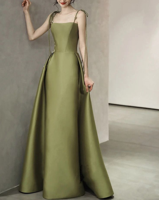 Spaghetti Straps Satin Prom Dress A-line Simple Floor Length Evening Gown Y7011
