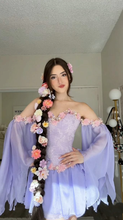 Pretty Lavender Chiffon Lace Floral A Line Short Graduation Homecoming Dress,Off The Shoulder Mini Birthday Dress SP2786