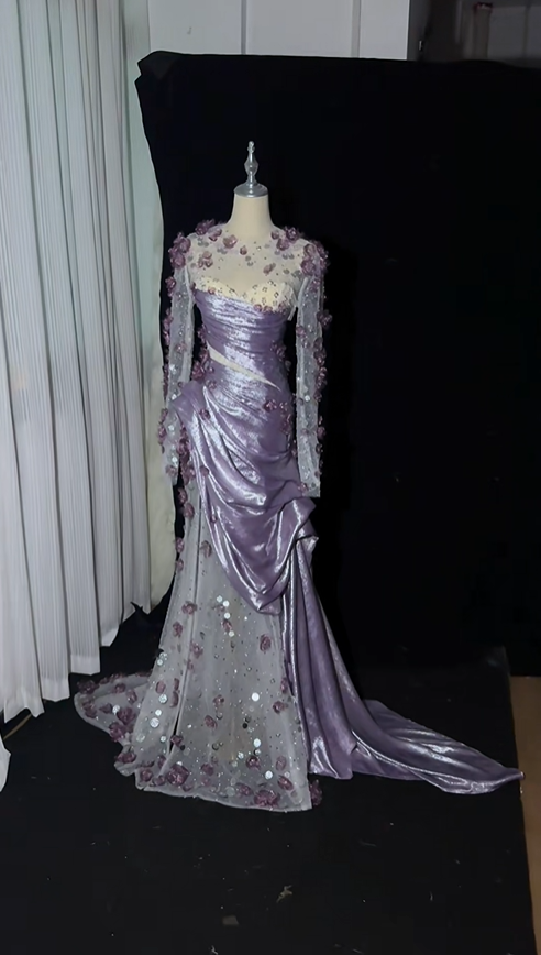 Charming Purple Satin Tulle Appliques Beaded Mermaid Party Dress Pink Long Prom Dress SP4219