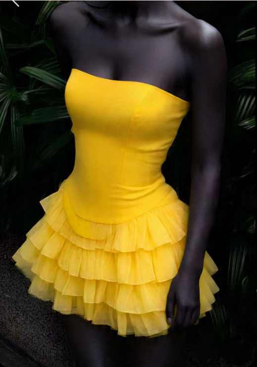 Sexy Strapless Yellow Satin Tulle Layered A Line Short Homecoming Dress 20th Birthday Outfits SP23