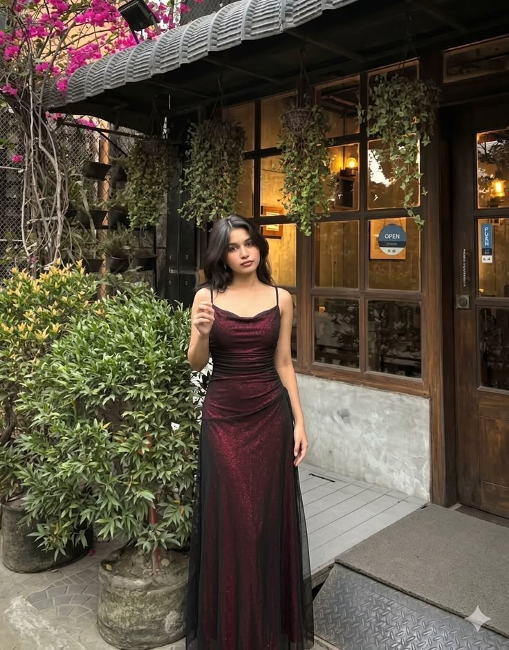 Vintage Spaghetti Straps Burgundy Satin Tulle Long Party Dress Evening Gowns SP4150