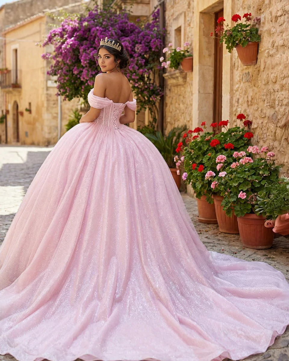 Glitter Off The Shoulder Pink Ball Gown,Pink Sweet 16 Dress,Pink Princess Dress  Y7002