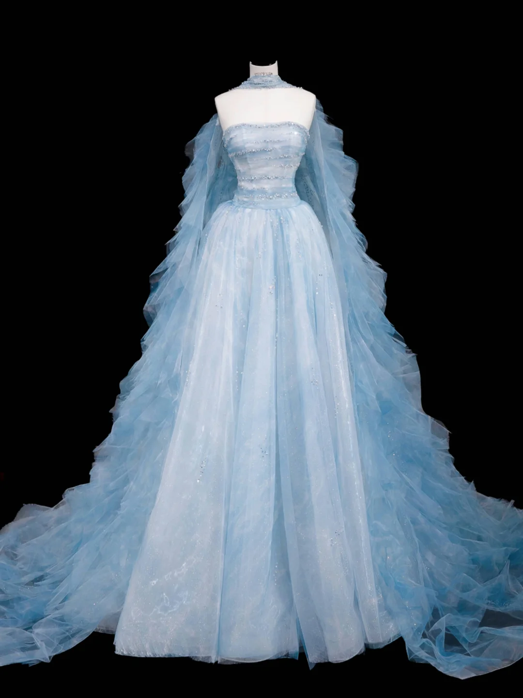 Dream Blue Tulle Beaded A Line Prom Dress,Long Evening Dress Y8691