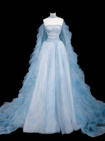 Dream Blue Tulle Beaded A Line Prom Dress,Long Evening Dress Y8691