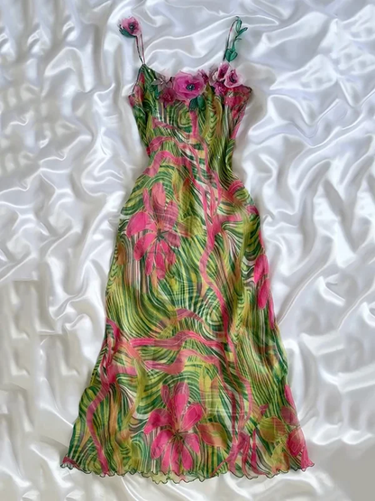 Charming Spaghetti Straps Chiffon Printed Floral Appliques Long Party Dress Formal Evening Dress Y9932