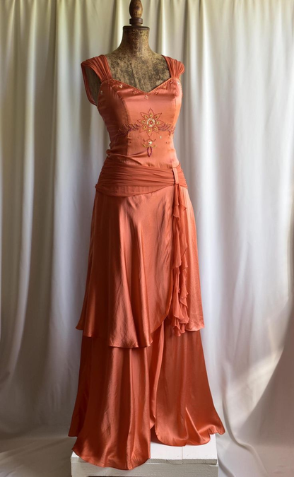 Vintage Orange V Neck Satin Chiffon Beaded Layered Mermaid Party Dress Formal Birthday Prom Gown SP684