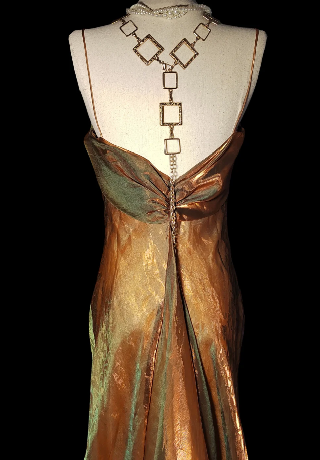 Vintage Spaghetti Straps Gold Satin Mermaid Evening Dress Long Prom Gown SP473