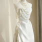 Classy Strapless Satin Pearls Chain White Prom Dress,A Line Evening Dress Y8684