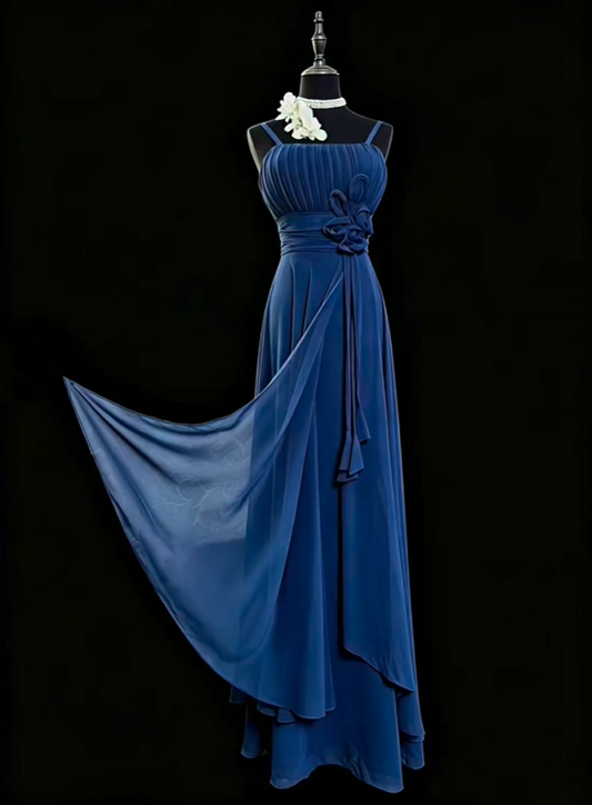 Classy Spaghetti Strap Satin Chiffon Pleated Long Wedding Guest Dress Navy Blue Party Dress SP2766