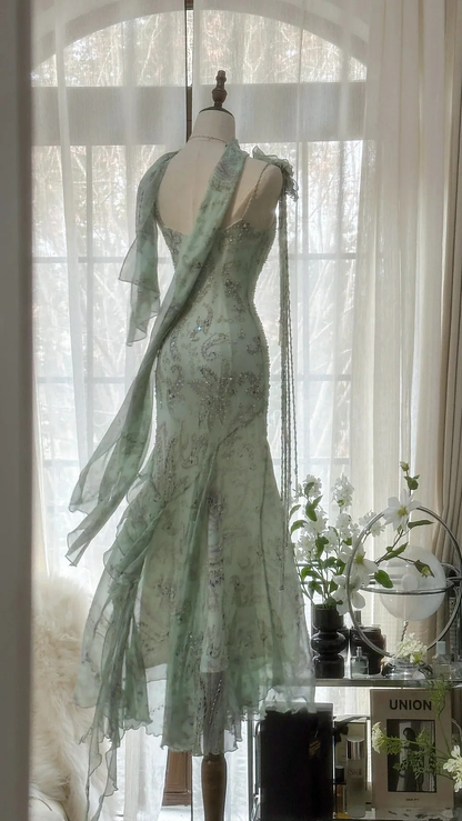 Vintage Spaghetti Straps Long Evening Dress, Sleeveless Green Mermaid Party Gowns Y9728
