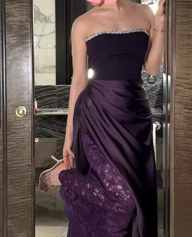 Vintage Strapless Dark Purple Satin Lace Beaded Long Evening Dress Formal Wedding Guest Dress SP471