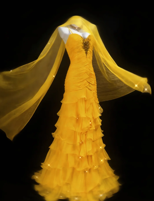 Pretty Spaghetti Straps Yellow Chiffon Ruffle Layered Mermaid Evening Dress Long Party Gown SP1576