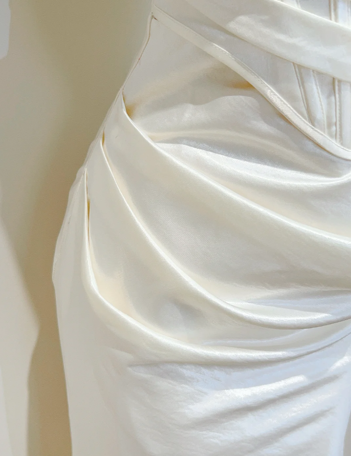 Charming Ivory White Satin Pleated Mermaid Long Bridesmaid Dress SP427