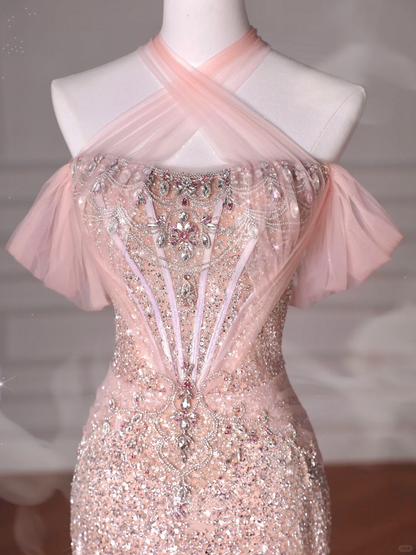 Classy Pink Halter Sequin Beaded Tulle Mermaid Evening Dress Long Prom Dress Y8620