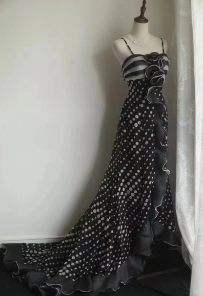 Unique Spaghetti Straps Chiffon Ruffle Mermaid Long Evening Dress Birthday Prom Dresses SP1024