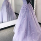 Purple Lace Long A-Line Prom Dresses, Purple Graduation Dresses Y1757