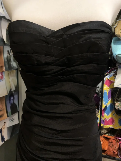 Black Vintage Strapless Satin Pleated Layered Mermaid  Long Prom Dress Evening Dress SP404