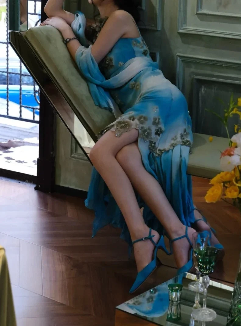 Charming Spaghetti Straps Chiffon Applique Long Birthday Party Dress Blue Long Prom Dresses SP3861
