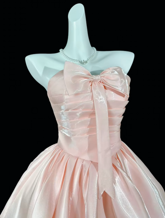Sweet Pink Strapless Bow Satin A Line Short 17th Birthday Outfits,Mini Homecoming Dress SP3544