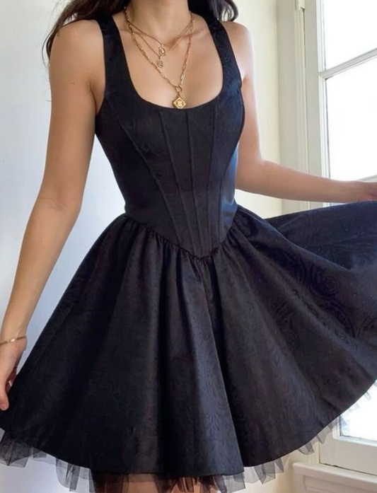 Black Satin Tulle Mini Birthday Dress Square Neck Sleeveless A-Line Short Graduation Homecoming Dress SP2740