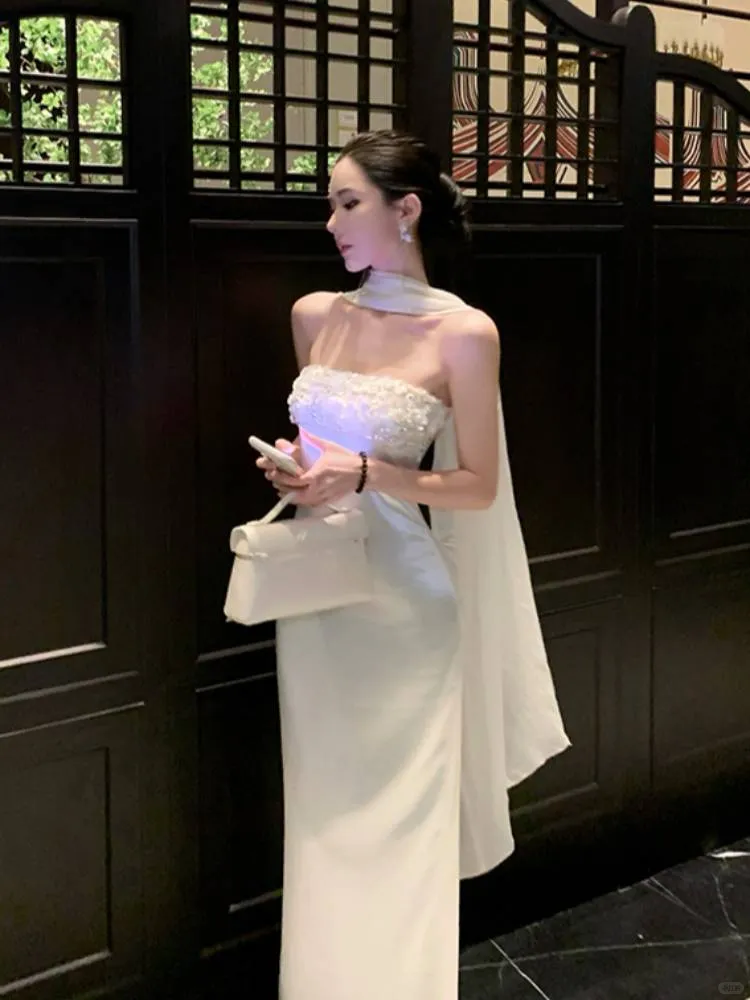 Elegant White Strapless Satin Floral Sheath Long Evening Dress Birthday Dress With Scarf SP2290