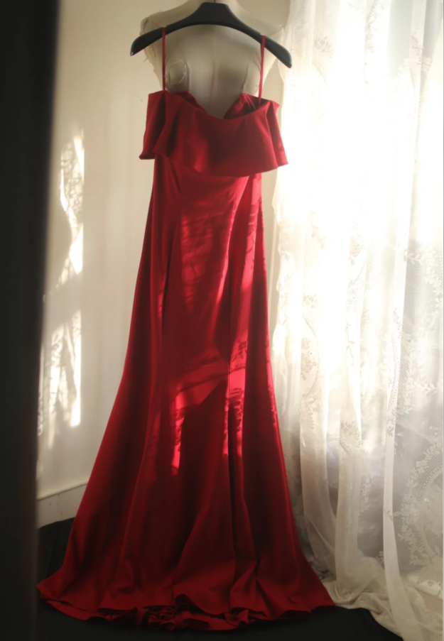 Elegant Off The Shoulder Red Satin Mermaid Evening Dress Long Wedding Guest Dress SP668