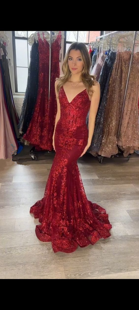 Red V Neck Mermaid Prom Dress,Red Evening Gown Y5967