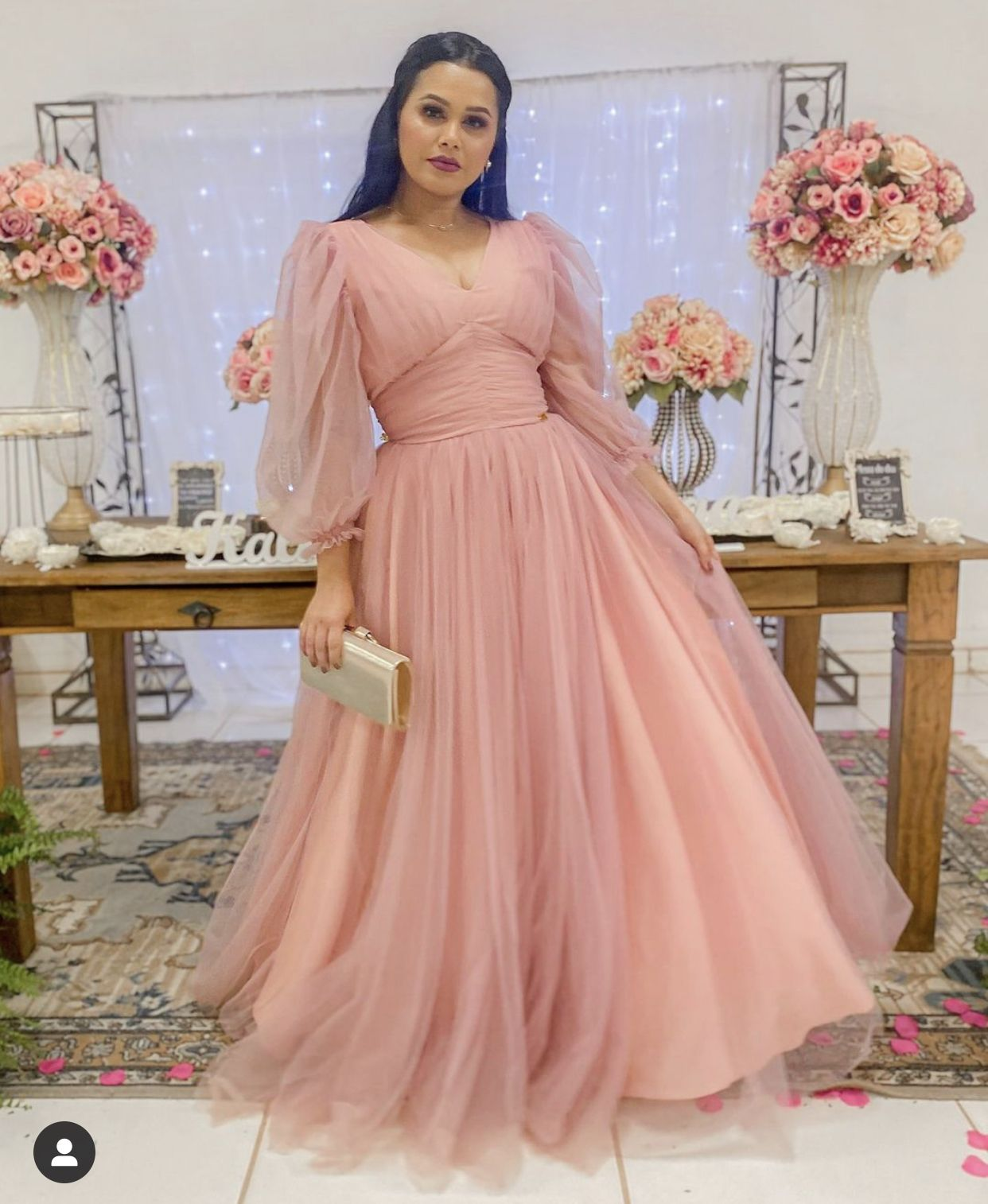 Modest Pink Tulle Prom Dress with Lantern Sleeves Y4774