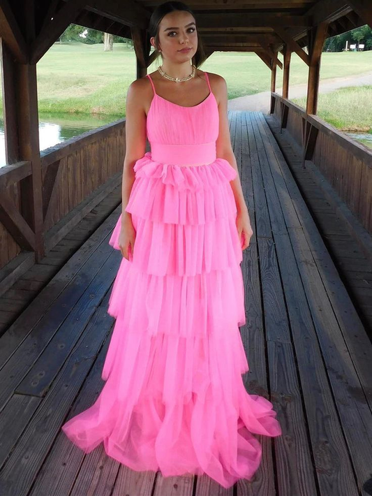 Fashion Open Back Layered Pink Long Prom Dresses, Pink Formal Graduation Evening Dresses Y4954