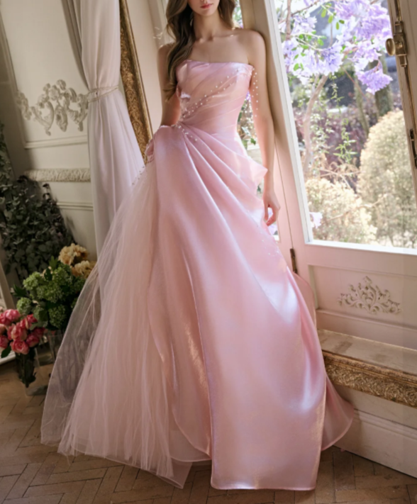 Fairy Pink Strapless Organza Pleated Beaded Long Birthday Party Dress Princess Prom Gowns SP2092