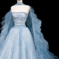 Dream Blue Tulle Beaded A Line Prom Dress,Long Evening Dress Y8691