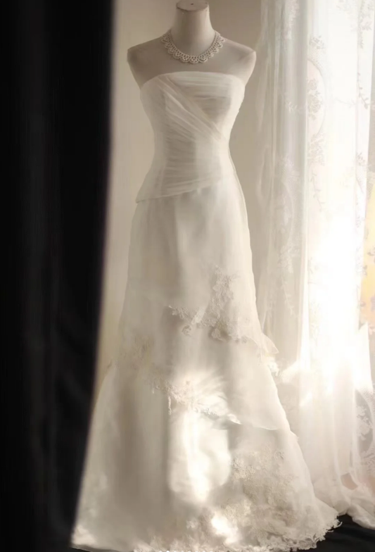 Strapless White Tulle Lace Appliques Layered Mermaid Long Wedding Dress Bridal Dress SP1244