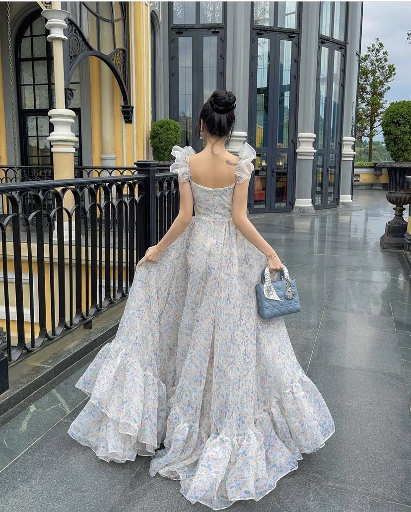 Princess Chiffon Print Floral A-line Long Prom Dress,18th Birthday Outfit Y6908