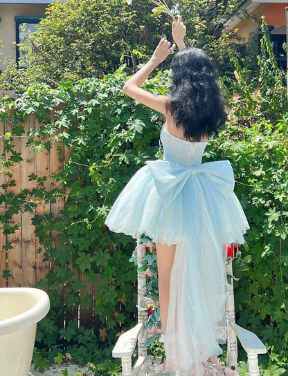 Fairy Blue Tulle Lace A Line Short 16th Birthday Outfits,Sweetheart Neck Mini Homecoming Dress With Bow SP3481