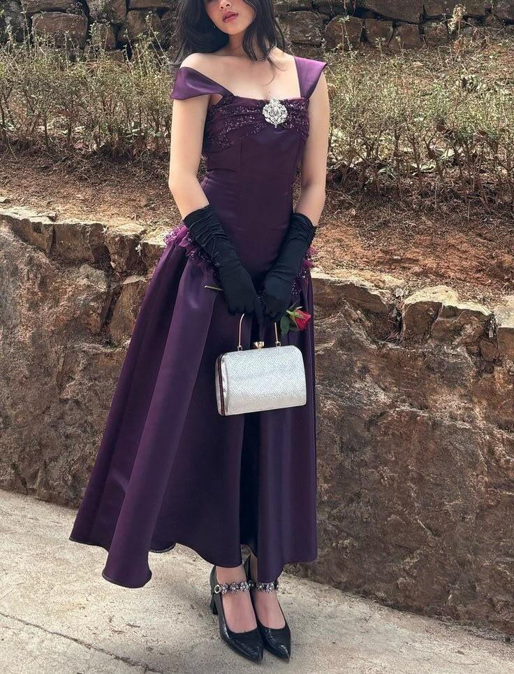Fashion Purple Satin Beaded A Line Long Party Dress Prom Dress SP3458