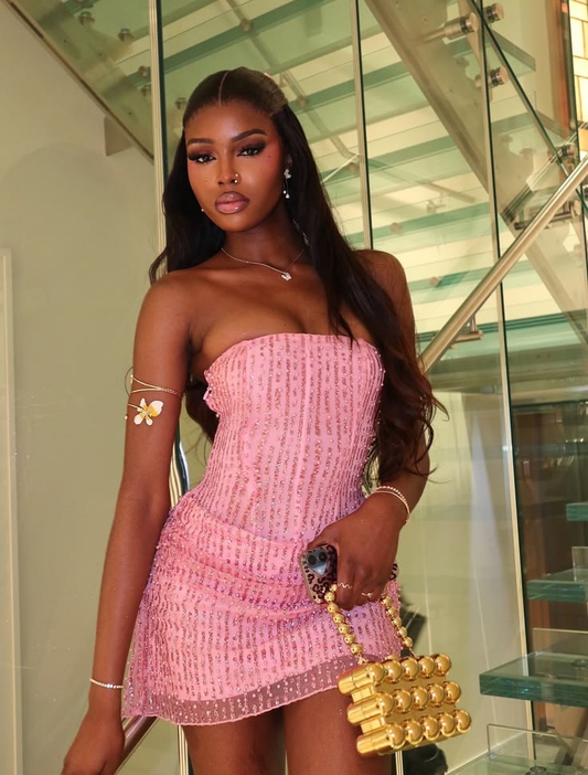 Shiny Pink Tulle Beaded Short Homecoming Dress,Strapless Short 18th Birthday Outfits SP2946