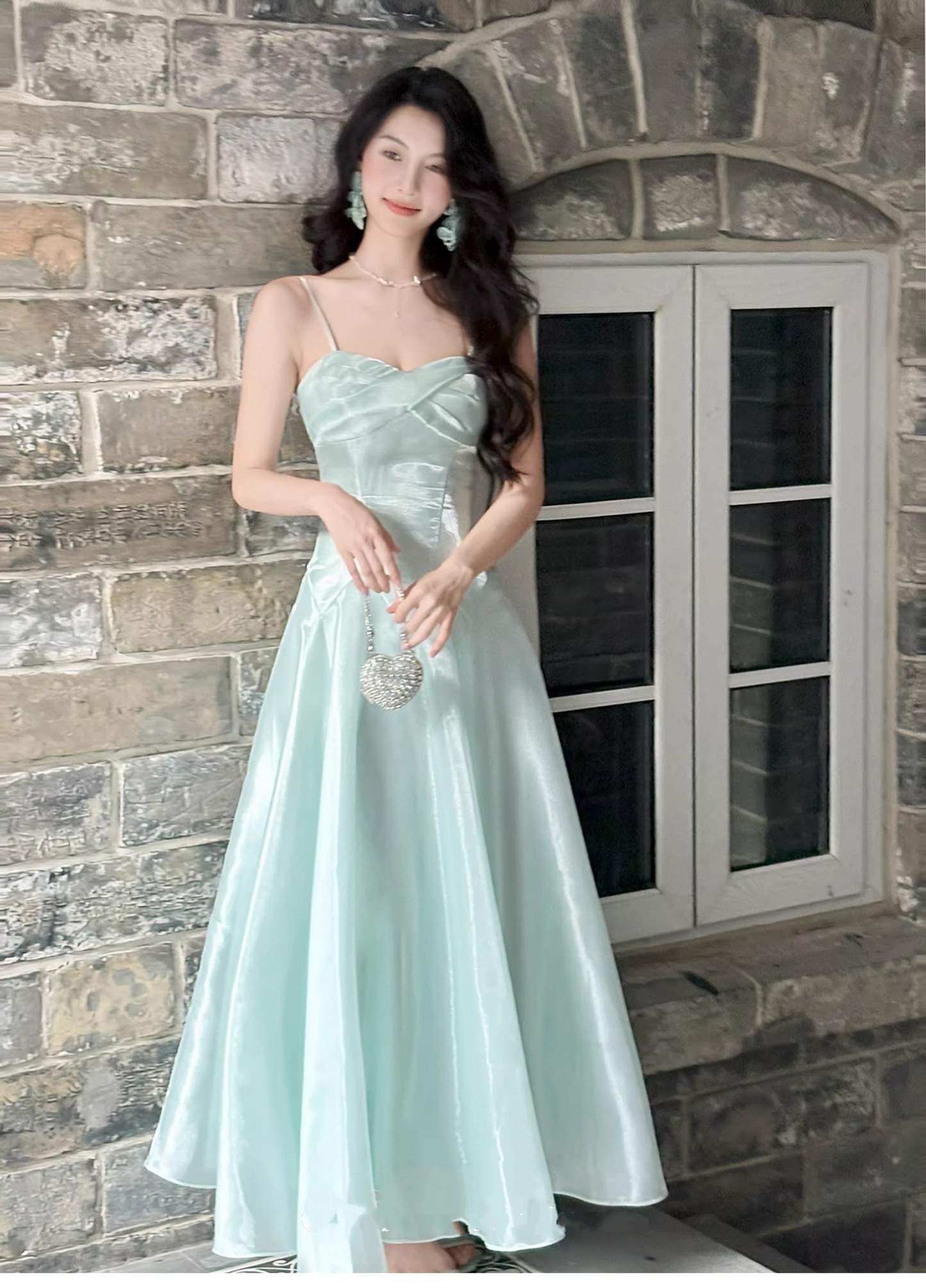 Shiny Blue Organza A Line Long Birthday Party Dress 20th Birthday Outfits SP2012