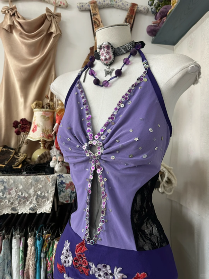 Vintage Purple Satin Beaded Sheath Cocktail Dress Halter Short Birthday Dress Homecoming Dress Y9001