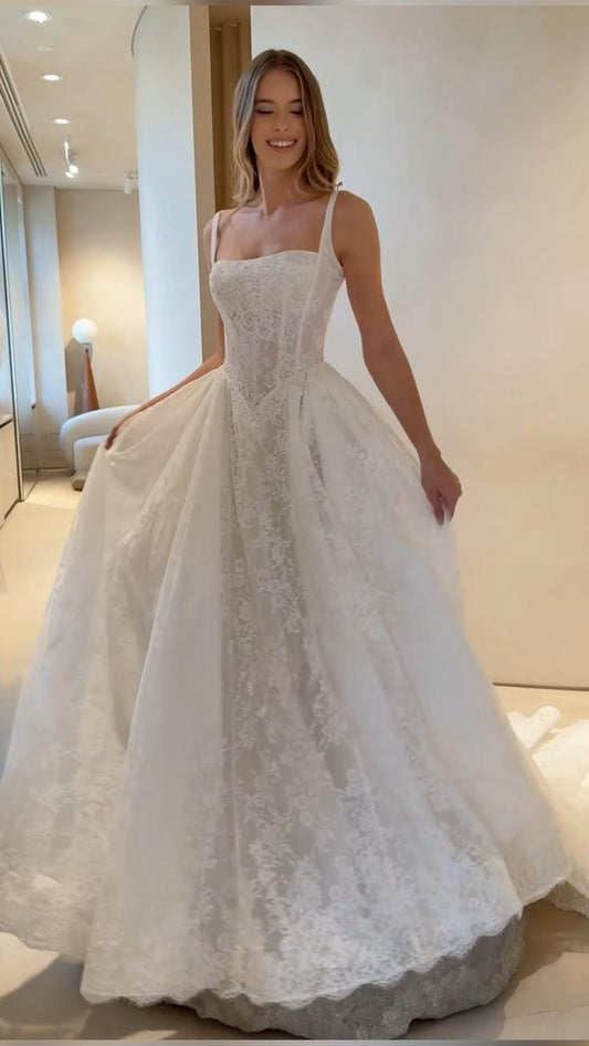 Glamorous Spaghetti Straps White Lace Long Wedding Dress Formal Bridal Gown SP2974