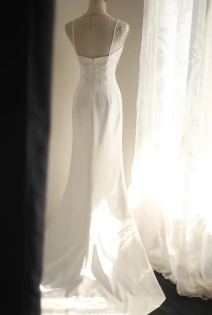 Elegant Spaghetti Straps White Satin Lace Beaded Mermaid Evening Dress Long Wedding Guest Dress SP1213