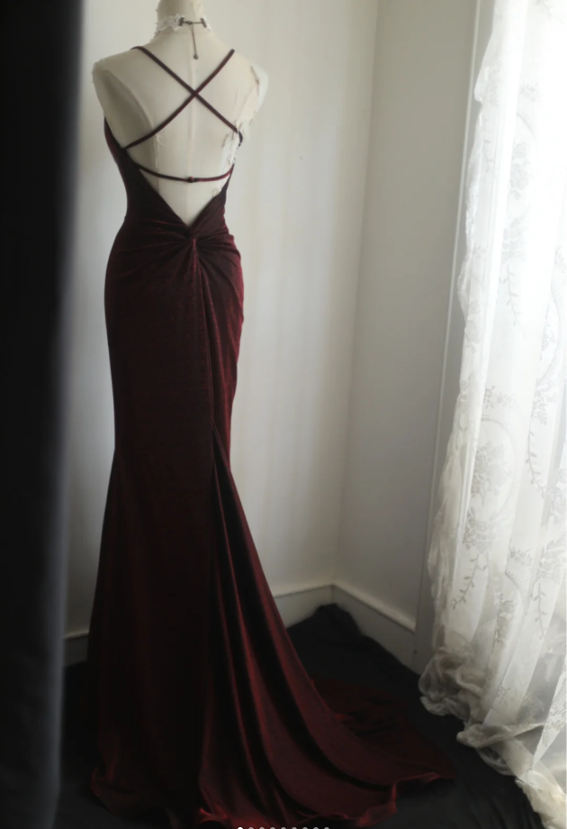 Elegant Spaghetti Straps Burgundy V Neck Satin Pleated Mermaid Long Wedding Guest Dress Evening Dress SP1208