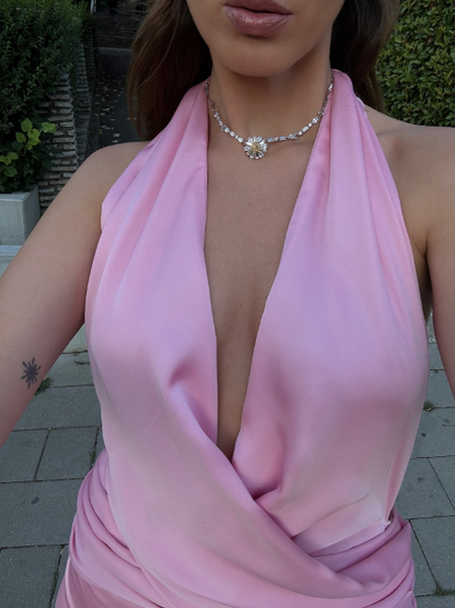 Elegant Halter Pink Satin Sheath Long Prom Dress Backless Evening Gown Y9947