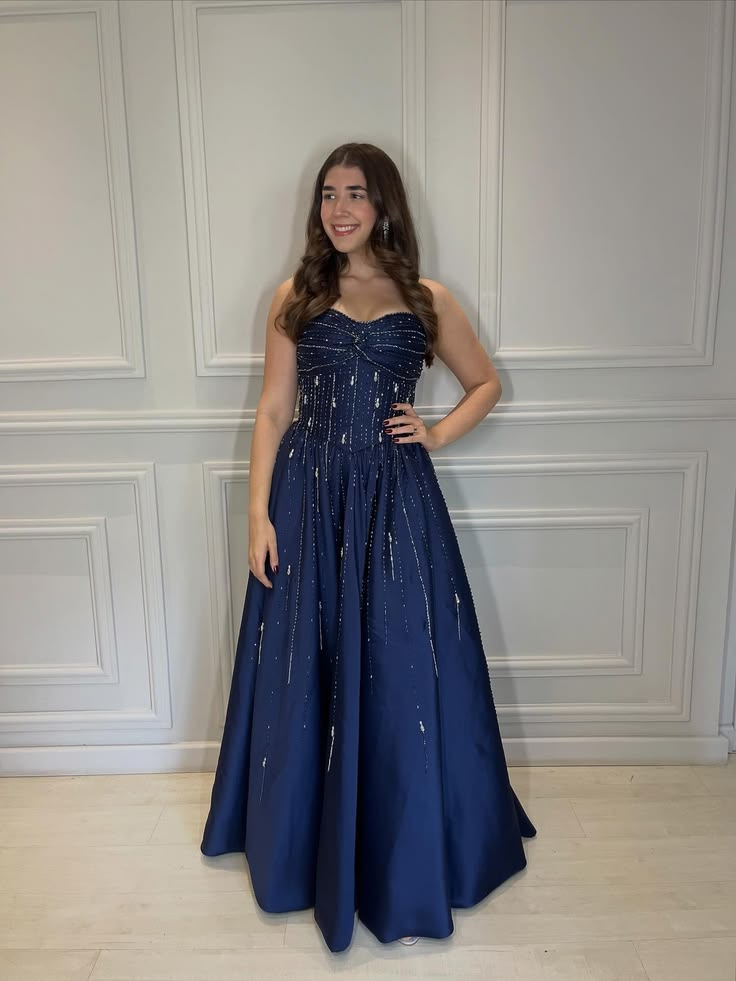 Pretty Navy Blue Satin Beaded A Line Long Party Dress Prom Gown SP4144
