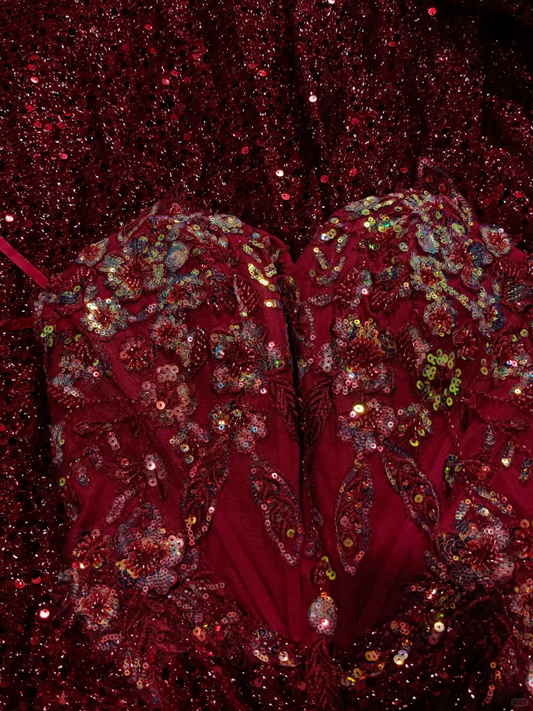 Glitter Burgundy Sequin Appliques Slit Mermaid Party Dress Long Wedding Guest Dress SP3172