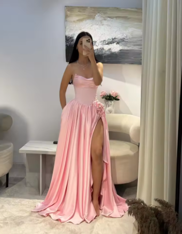 Elegant Strapless Satin Pleated Beaded Slit Party Dress Pink Formal Wedding Guest Dress SP487