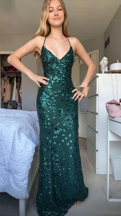 Elegant Spaghetti Straps Chiffon Sequin Floral Prom Dress Emerald Green Mermaid Long Party Dress SP4227