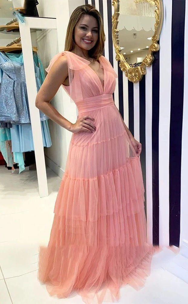Long Pink Deep V Neck Tulle Prom Dresses Y5543