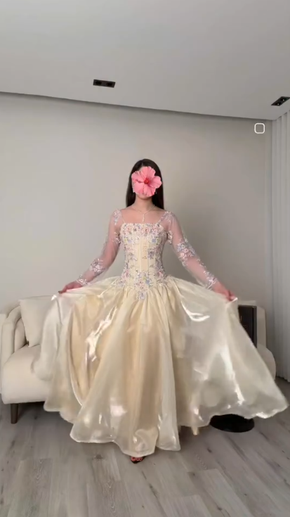 Classy Light Champagne Tulle Beaded Floral A Line Long Wedding Guest Dress Formal Evening Dress Birthday Dress SP2269