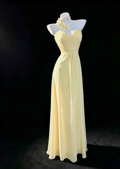 Pretty Yellow Strapless Chiffon Pleated A Line Long Prom Dress Party Gown SP2767